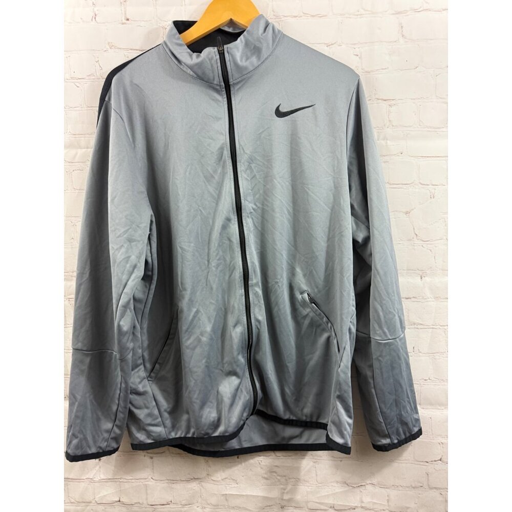 NIKE Track Jacket Mens Size Large Gray Black Race Stripe Full Zip Polyester
